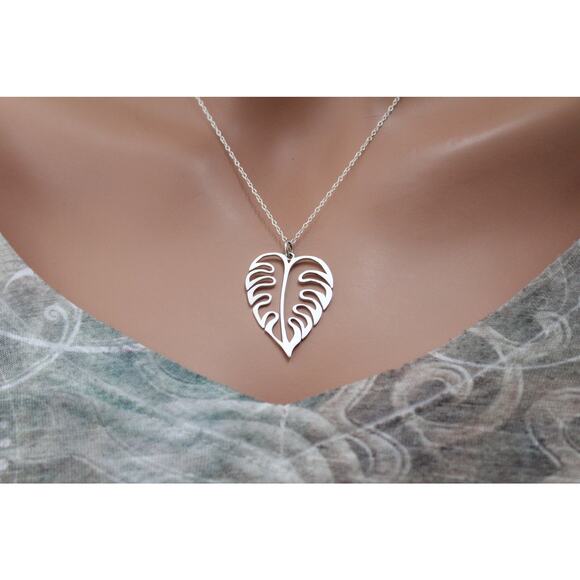 Sterling Silver Openwork Monstera Pendant Necklace - Picture 3 of 3